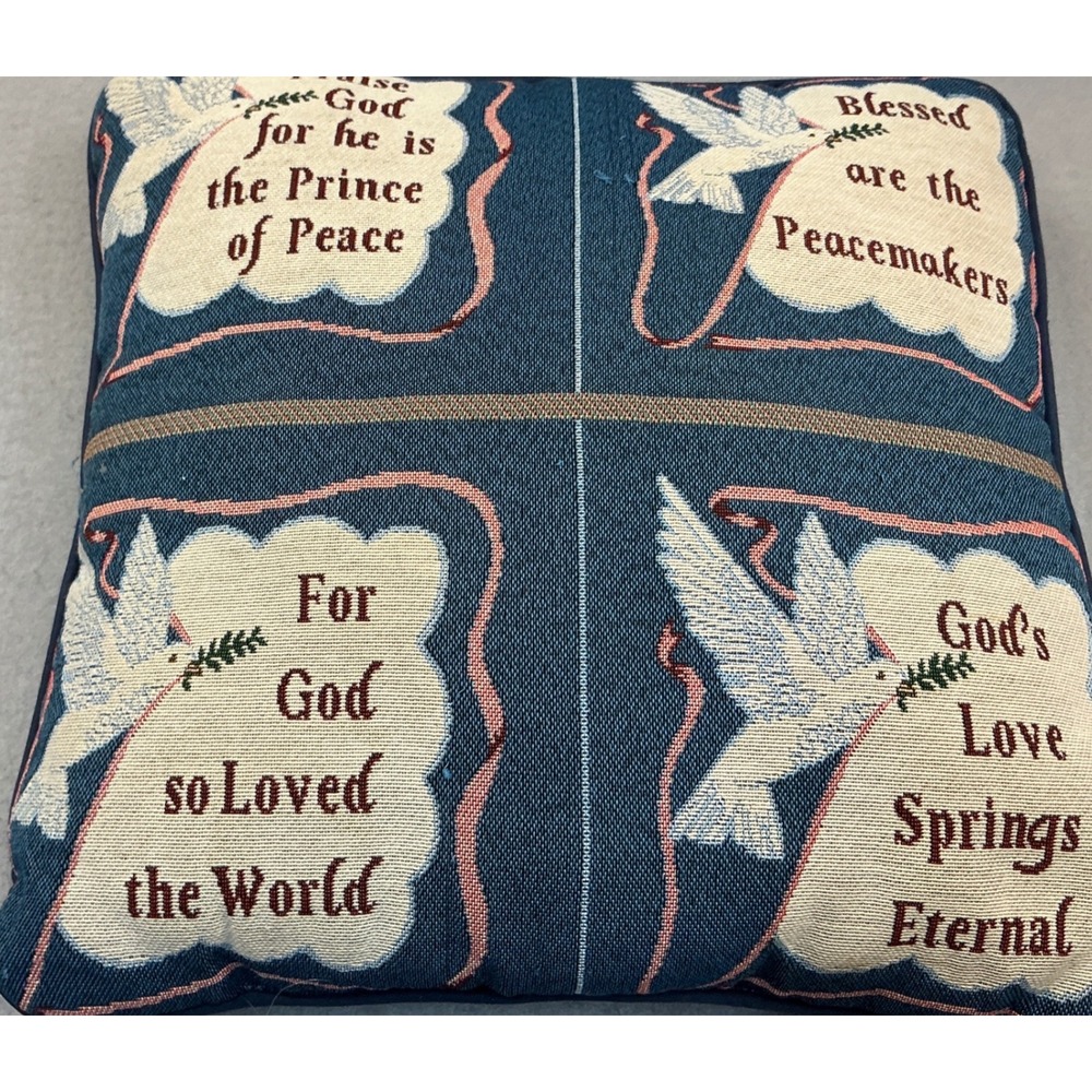 Vintage Religious Woven Tapestry Throw Pillow Dove Scripture Navy Blue 15x15